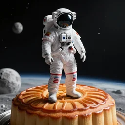 an astronaut standing on a moon cake at space, au naturel, hyper detailed, digital art, trending in artstation, cinematic lighting, studio quality, smooth render, unreal engine 5 rendered, octane rendered