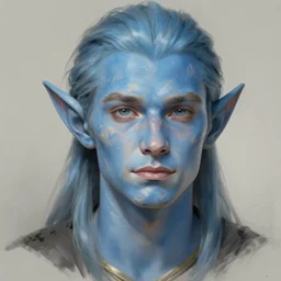 Portrait of an elf, he is about 20 years old, light blue skin, attractive, command presence, weathered face, highly detailed portrait, digital painting, ArtStation, concept art, smooth, sharp focus illustration, ArtStation HQ