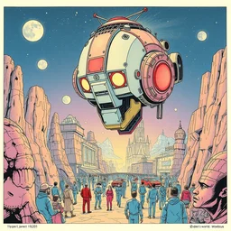 risograph painting, hyper light drigter, a big mech droid head floating above the people, eden's world, style by moebius