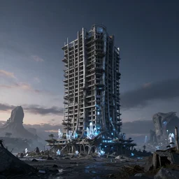 a beautiful very detailed render of building nature architecture urbex industrial architecture closet unfinished building by moshe safdie, at summer nightsky tron gem landscape alien at dusk nature tundra crystal apocalyptic architecture island laser darkacademia studio ghibli evil atlantis nightvision, archdaily, wallpaper, highly detailed, trending on artstation.