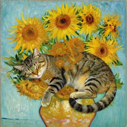 snake - shaped tabby cat sleeping in sunflower field, van gogh painting, post - impressionism, van gogh sunflowers