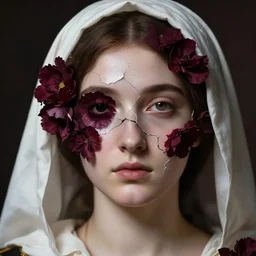 hyperrealism close - up mythological portrait of an exquisite medieval woman's shattered face partially made of maroon flowers in style of classicism, wearing white silk hood, dark palette