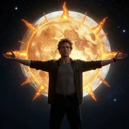 the image of a man with outstretched arms between the moon and the sun and a thousand stars ultra realistic, concept art, intricate details, serious, highly detailed, photorealistic, octane render, 8 k, unreal engine, art by todd mcfarlane and artgerm and greg rutkowski and alphonse mucha