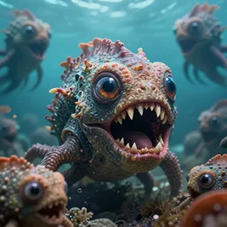 of the deep undersea with large strange scary creatures with big eyes, mouth and sharp teeth swimming around, in the style of Giger, macro lens, shallow depth of field, highly detailed, digital painting, trending artstation, concept art, illustration, cinematic lighting, vibrant colors, photorealism, epic, octane render
