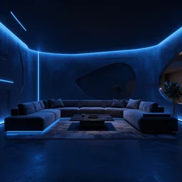 futuristic looking living room, dark with blue neon lights, contrasted, dark floor, octane render