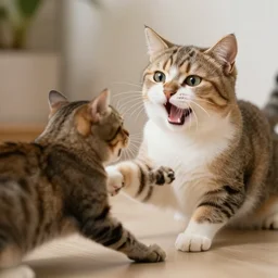 happy cat getting surprise attacked by sneaky cat, photograph
