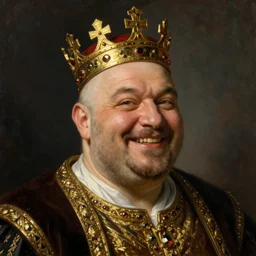 high quality character portrait oil painting of fat bald happy mid-aged king with crown by Rembrandt, middle close up shot