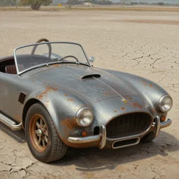 closeup of rusty shelby cobra, full car, weathered, convertible, desert, cracked dry lake bed, by Zdzislaw Beksinski, Norman Rockwell, al duke, Valter de Morais, highly detailed, soft lighting, film grain, 8k resolution, hd, oil on canvas