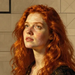 rembrandt - inspired portrait of a redhead set against a precisionist background. the woman's face is illuminated by a warm, golden light, and her gaze is directed upward, as if she is lost in thought. the background is composed of geometric shapes and clean lines, creating a contrast with the woman's more organic features