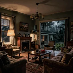 night!!!! living room of a kentucky house in 8 0's, storm outside, very dark lighting | highly detailed | very intricate | cinematic lighting | award - winning | low - key lighting, by david fincher, dawn of the dead, walking dead