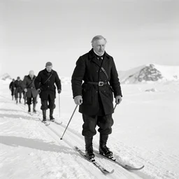 Fridtjof Wedel-Jarlsberg Nansen was a Norwegian polymath and Nobel Peace Prize laureate. He gained prominence at various points in his life as an explorer, scientist, diplomat and humanitarian. He led the team that made the first crossing of the Greenland interior in 1888, traversing the island on cross-country skis, Realistic, HDR, HDD, 8K, Real Event, Black and White