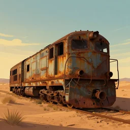 a rusty abandoned train in a desert, magic hour, digital illustration, golden hour, by pete mohrbacher, by garis edelweiss