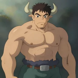 bull headed muscular man by studio ghibli, digital art, sharp focus, 4 k, ambient lighting, foggy