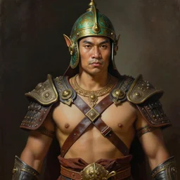 smart tai warlord, closeup portrait, historical, ethnic group, traditional tai costume, sukhothai costume, bronze headset, fantasy, intricate, with leather armor cross onbare chest, elegant, loin cloth, highly detailed, oil painting, artstation, concept art, matte, sharp focus, illustration, hearthstone, art by earl norem