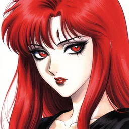 highly detailed portrait of 9 0 s seinen manga art of goth woman with red hair, black makeup, and red eyes. drawn by