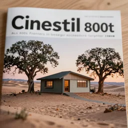 Cinestill 800t, 8K, 35mm; beautiful ultra realistic minimalistic lloyd wright (1950) film still scene, 2000s frontiers in tensegrity architecture magazine September seinen manga edition, highly detailed, extreme closeup three-quarter scene, tilt shift desert background, three point perspective, focus on mountain cottage;sunset;wide;oak trees, soft lighting
