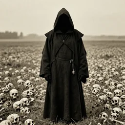 portrait of faceless grim reaper standing in field of bones, ww1 photo, grainy, high detail, high resolution,