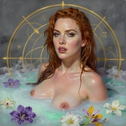 hyper realistic portrait painting of christina hendricks ( glistening, vixen, alluring, carnal ) wet, milk, flowers, clouds, nature, by saturno butto, boris vallejo, austin osman spare and david kassan, by bussiere. occult art, occult diagram, grey, violet, mint green, golden color scheme