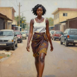 portrait of a young beautiful african woman walking in lagos streets oil painting style