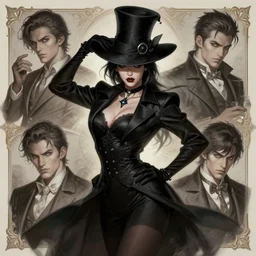 a highly detailed illustration of female noir magician with noir hat, dramatic flashy pose, art by artgerm and greg rutowski and ilya kuvshinov, intricate, elegant, highly detailed, centered, digital painting, artstation, concept art, smooth, sharp focus, league of legends concept art, wlop.