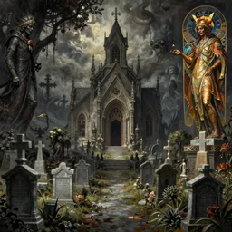 cemetery scene in hell with a creepy chapel in the distance, fantasy, d & d, intricate, beautiful, highly detailed, elegant, artstation, concept art, smooth and sharp focus, rpg artwork, illustration, painting by gaston bussiere, craig mullins, j. c. leyendecker, rene maritte, tian zi, wlop, alsphonse mucha, artger