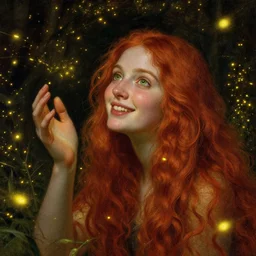 infp girl, smiling, amazed by the lights of golden fireflies, amidst nature fully covered, long loose red hair, intricate linework, dreamy green eyes, small nose with freckles, oval shape face, realistic, expressive emotions, dramatic lights, spiritual scene, hyper realistic ultrafine art by battistello caracciolo, albert bierstadt and artgerm