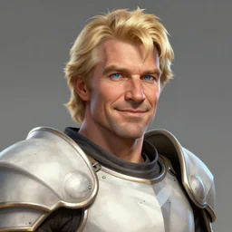 concept art, portrait, 50 years old men, friendly, blonde, blue eyes, lite armor, high detail, digital art