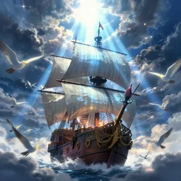 pirate ship sailing with glowing birds near the ship, boisterous heaven, raging sky, sun lighting through clouds, with blue light piercing through clouds, makoto shinkai, lighting refraction, volumetric lighting, pixiv art, highly detailed, anime art, symmetrical, anime art