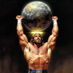 jesus as a bodybuilder at the worlds strongest man competition lifting a rock planet over his head by greg hildebrandt, halo above head, dramatic lighting
