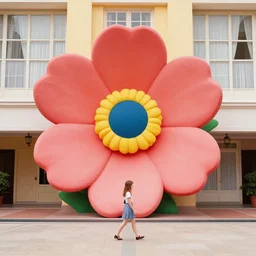giant flower head, girl walking in hotel, surreal, symmetry, flat space, fanciful, stark colours, detailed, wes anderson