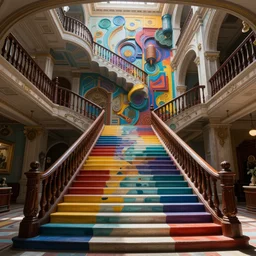 an elaborate staircase painted by a master artist, detailed, unreal engine, 4 k octane render, raytracing, volumetric lighting, epic, shadows, reflections, massive structures