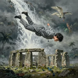 hyperrealist painting of a skinny grey scientist falling out of the sky in a waterfall from howl's moving castle ( 2 0 0 4 ) stonehenge jungle. moody, misty, depth perception.