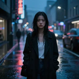 sad girl standing in the rain in the middle of the street, artistic, trending, neon, night,