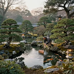 inside a giant garden in japan, raking light, very early morning, intricate detail, koi pond, bonsai trees, japanese lanterns, craig mullins, james gurney