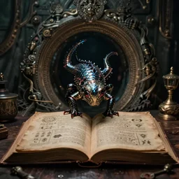 a shiny scaly weird creature climbing out of a portal in the center of an ancient spell book open on a table, dark and moody, magical realism