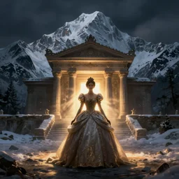 a princess, shadow of the colossus, in front of a temple, in front of a snowy mountain, dramatic lighting, hudson river school