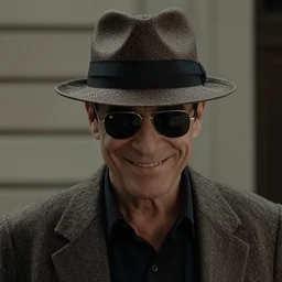 film still, extreme long shot, of an enigmatic mysterious man, making a creepy smile, face unseen by wearing a woven fedora and chopard sunglasses, expensive outfit, elegant, casual, intricate, rich moody colors, by annie leibovitz