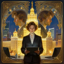 symmetry!! portrait of office worker in moscow city, glowing lights!! intricate, elegant, highly detailed, digital painting, artstation, concept art, smooth, sharp focus, illustration, art by artgerm and greg rutkowski and alphonse mucha