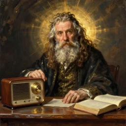 wizard, radio equipment, desk, tome, by Hans Baldung