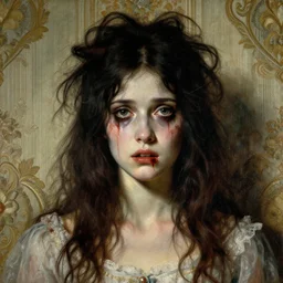 a beautiful and eerie baroque painting of a beautiful but creepy girl in layers of fear, with haunted eyes and dark hair piled on her head, 1 9 7 0 s, seventies, wallpaper, a little blood, morning light showing injuries, delicate embellishments, painterly, offset printing technique, by brom, robert henri, walter popp