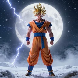 photorealistic full shot of Dwayne Johnson as a warrior style goku super saiyan at moonlight, snowing, lightning bolt, high detail, unreal engine 4k volumetric light, fog,