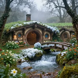 inside a medieval hobbit home, ornate, beautiful, atmosphere, vibe, mist, smoke, chimney, rain, wet, pristine, puddles, waterfall, melting, snow, creek, lush, ice, bridge, forest, flowers, james jean