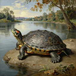 a detailed oil painting of a read eared slider on a river bank basking in the sun, late renaissance