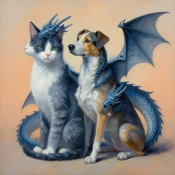 painting of hybrid between cat & dog & dragon, intercrossed animal, by zdzislaw beksinski, by lewis jones, by mattias adolfsson, cold hue's, warm tone gradient background, concept art, beautiful composition, digital painting