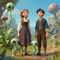 a girl and a boy standing next to some alien plants, looking happy, wearing 1850s era clothes, their small cute pet alien creature is standing nearby, in a park on a alien planet, extremely highly detailed, ultra realistic facial details, hyperrealistic, octane render, 8k, HD, good lighting, beautiful