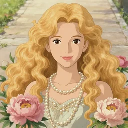 young blond girl, goddess of pearls and peonies, with long curly, hazelnut hair, perfectly proportioned face, brown eyes, sweet smile, strong jawline,, natural lighting, path traced, highly detailed, high quality, cartoon, digital painting, by new haicheng and studio ghibli and alphonse mucha