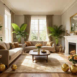 beautiful interior scene, english living room with sunlight coming from the window, plants and roses as accents, gold glittering ornaments, trending on behance and artstation, by raphael lacoste and craig mullins, rule of thirds, 8 k, unreal engine, rendered in maya, detailed, wide - angle lens, two - point perspective, light effect, overall color balance