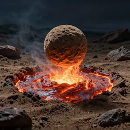 a big puddle filled with glowing lava with a sphere made of sand hovering over it