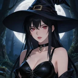 close - up portrait of a beautiful anime girl as witch in front of the full big moon in a fantasy forest, black leather bra, by james gurney, max liebermann, greg rutkowski, highly detailed digital art, artstation