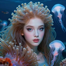 princess of sea anemones, gorgeous, realistic face, detailed anemone hair, jellyfish, artgerm, seb mckinnon, translucent, 8 k portrait render, 🌊, 🐠, artstation, ultra realistic, cinematic lighting, painterly